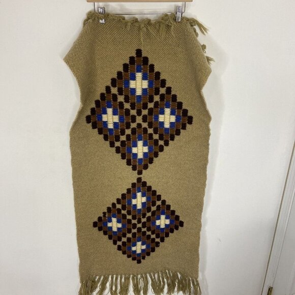 Vintage 70s Boho Tapestry Rug Coverlet Wall Hang Wool Tan - Picture 2 of 5